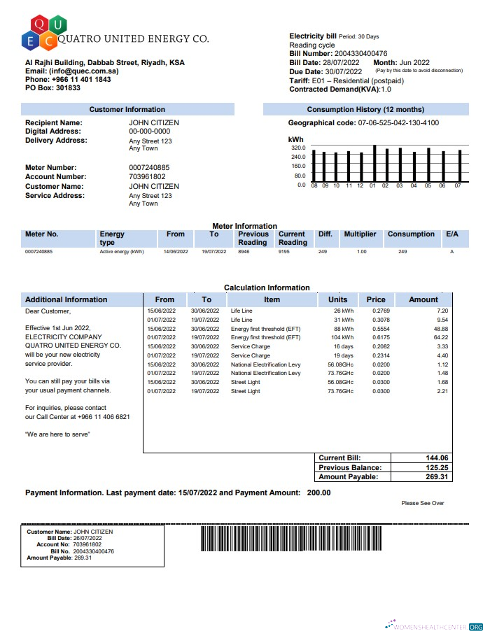 download download Saudi Quatro United Energy Co. utility bill, Word and PDF template PDF template PDF template